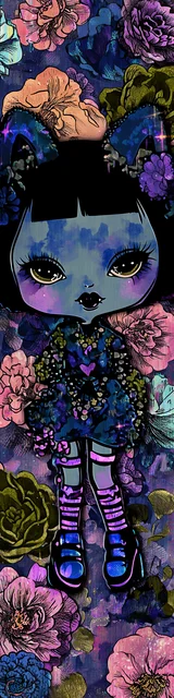 Free kawaii cats bookmark featuring a purple and blue floral cat with bangs